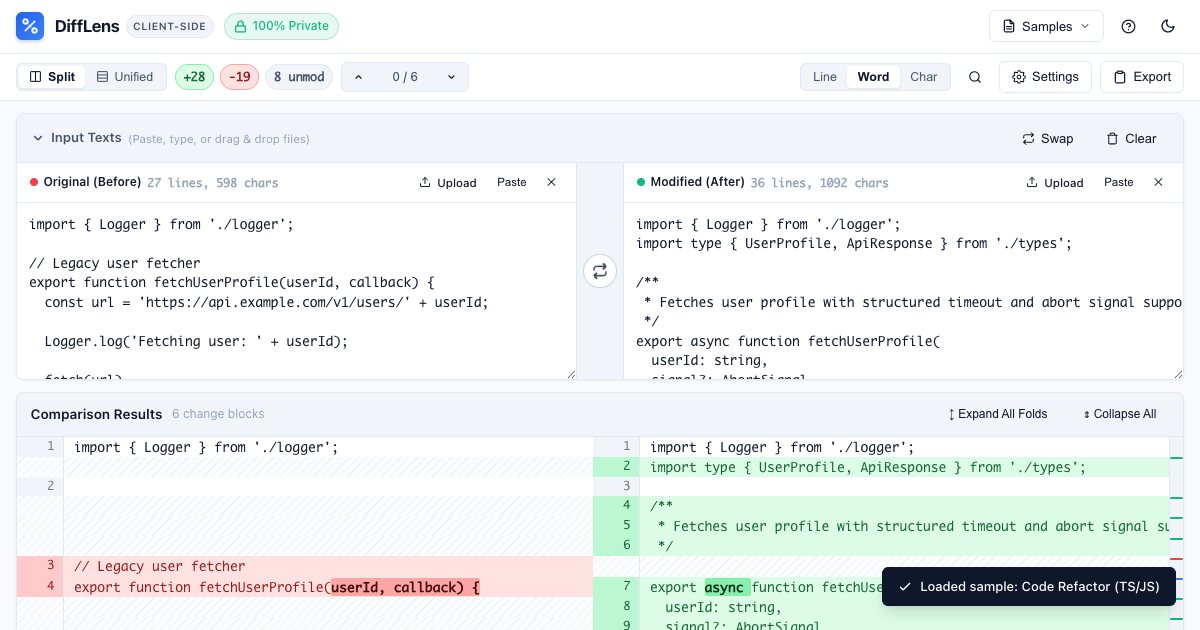 Screenshot of the Diffing Tool demo